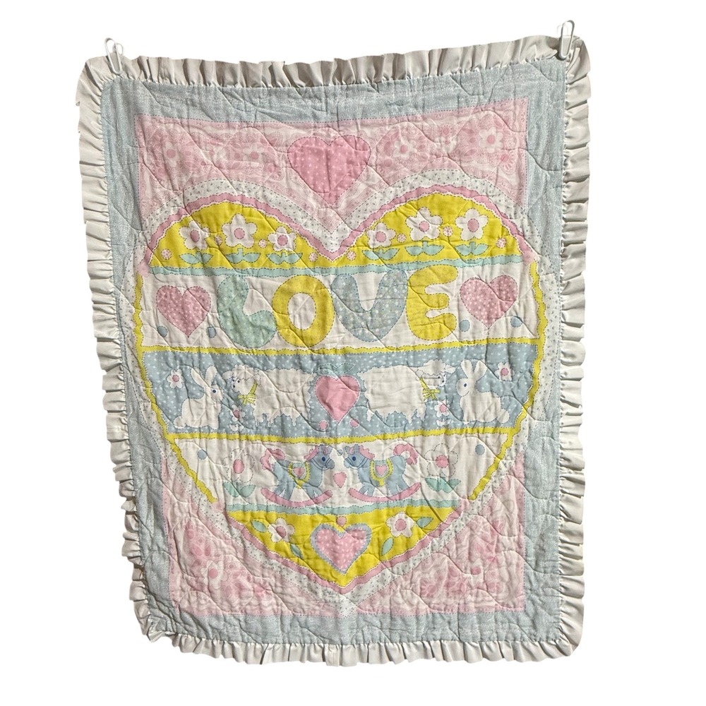 Vintage Baby Quilt Pastel Pink Blue Heart Love Ruffle Whimsical Nursery Blanket